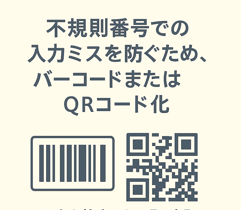 不規則番号での入力ミスを防ぐためバーコードまたはQRコード化