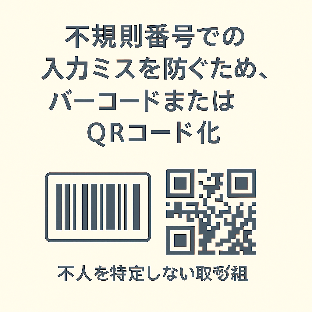 不規則番号での入力ミスを防ぐためバーコードまたはQRコード化